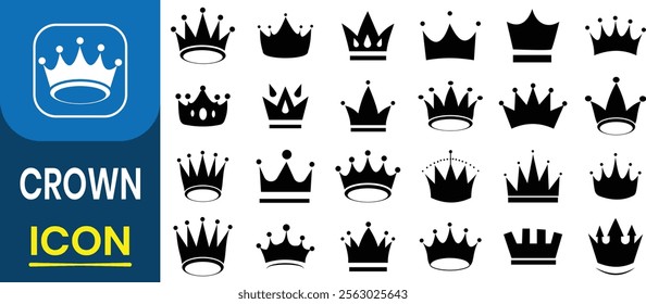 Crown icon, vector set, Crown silhouette, symbol set, King, Princess crowns. black crown symbol collection. Ranking crown, rank icon set, victory, champion variation illustration. 