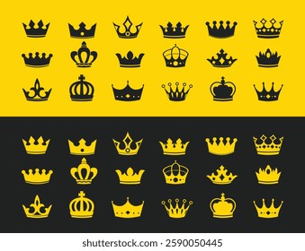 Crown icon for web design. Gold crown icon ,black crown icon. Isolated on balck and yellow background. Vector illustration