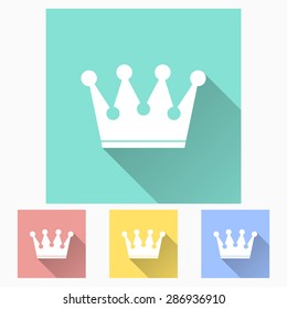 Crown - icon is white with long shadow, flat design. Vector illustration.