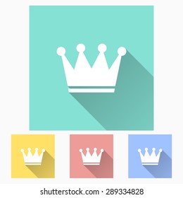Crown - icon is white with long shadow, flat design. Vector illustration.