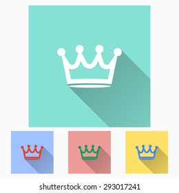 Crown  - icon is white with long shadow, flat design. Vector illustration.