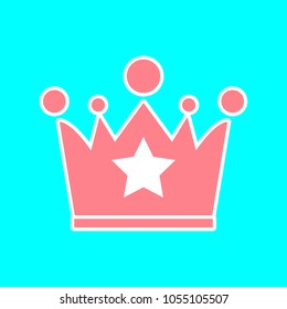 Crown icon withstar. Vector. Magenta icon with white sticker contour at sky blue background. Isolated.