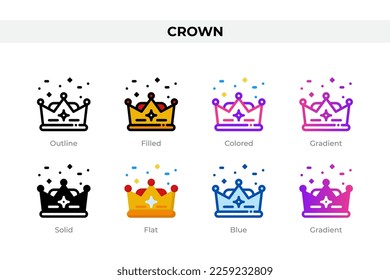 Crown icons in different style. Crown icons set. Holiday symbol. Different style icons set. Vector illustration