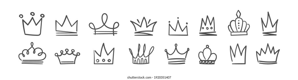 Crown icons. Doodle crown set, hand drawn icons. Vector illustration