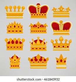 Crown icons flat royal set. Vector Illustration.