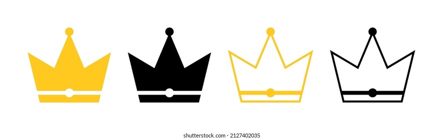 Crown icons. Gold and black crowns of king, queen, princess and prince. Outline silhouettes isolated on white background. Royal icons. Vector.