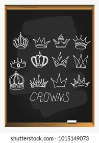 Crown icons on blackboard background. Various crowns set. King icon set. Hand drawn vector illustration, doodle style.