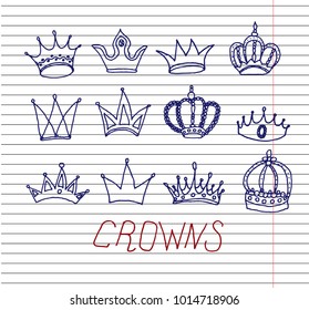 Crown icons on copybook background. Various crowns set. King icon set. Hand drawn vector illustration, doodle style.