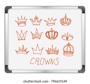 Crown icons on flip chart background. Various crowns set. King icon set. Hand drawn vector illustration, doodle style.