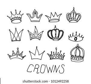 Crown icons on white background. Various crowns set. King icon set. Hand drawn vector illustration, doodle style.