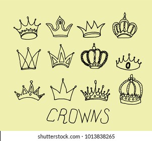 Crown icons on yellow background. Various crowns set. King icon set. Hand drawn vector illustration, doodle style.