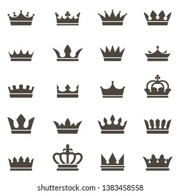 Crown Icons. Queen King Crowns Luxury Royal Crowning Princess Tiara Heraldic Winner Award Jewel Royalty Monarch Black Flat Silhouette, Vector Set