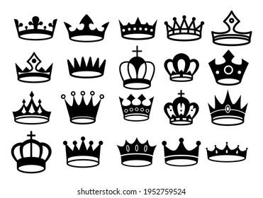 Crown icons. Queen king crowns luxury royal crowning princess tiara heraldic winner award jewel royalty monarch black flat silhouette, vector set. 