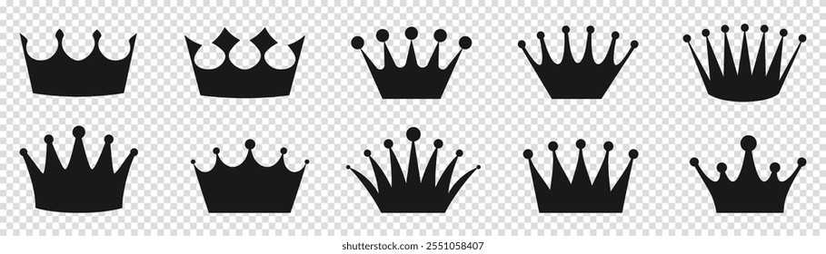 Crown icons. Realistic black king or queen crowns. Crown symbol isolated on transparent background. Crown signs. vector illustration