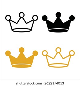 Crown icons set in black and gold. Includes simple solid silhouette and outline styles. Royal graphics perfect for logos, emblems, or designs signifying power, luxury, or status.