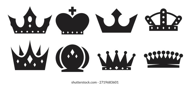 Iconos de la corona fijados negros sobre un fondo blanco