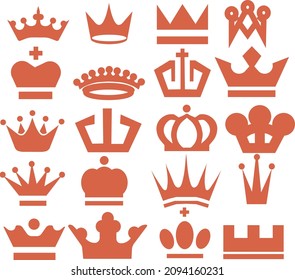 Crown icons. Set of different crowns. Twenty different royal attributes. Vector illustration.