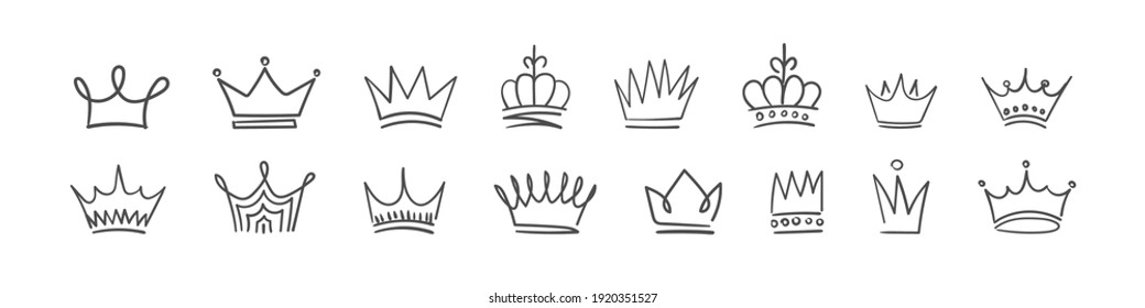 Crown icons set. Doodle crown set, hand drawn icons. Vector illustration