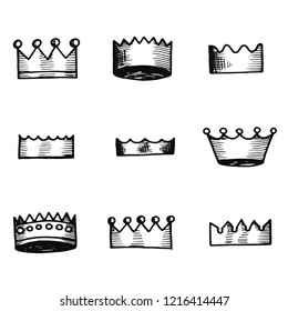 Crown icons set. isolated objects silhouettes.