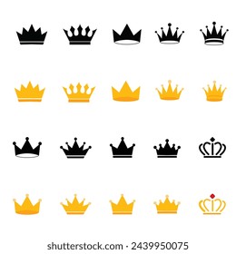 Crown icons set. King crown symbol collection. Design elements for use in logos, emblems, badges. King and Queen crowns collection.