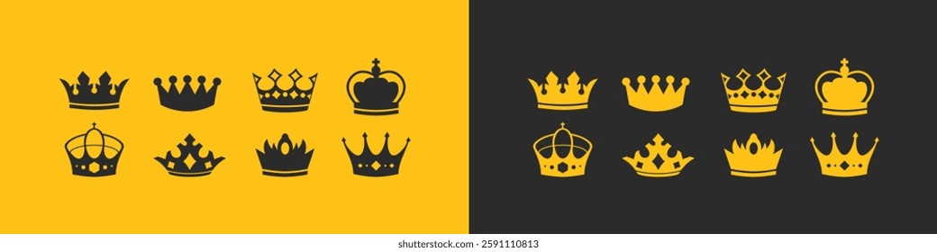 Crown icons set. King crown symbol collection. Design elements for use in logos, emblems, badges. King and Queen crowns collection.