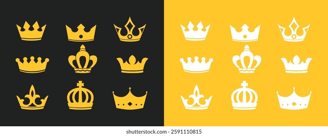 Crown icons set. King crown symbol collection. Design elements for use in logos, emblems, badges. King and Queen crowns collection.