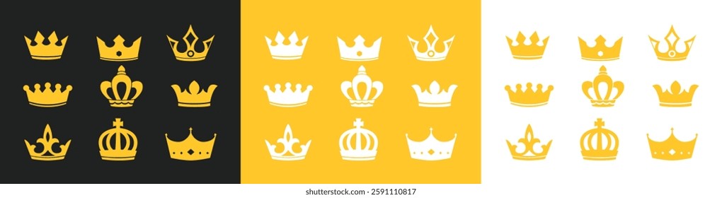 Crown icons set. King crown symbol collection. Design elements for use in logos, emblems, badges. King and Queen crowns collection.