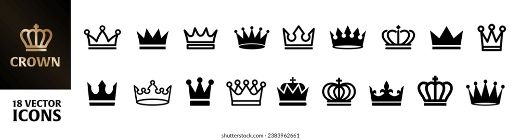 Crown icons. Crown icons set. Linear and silhouette style.