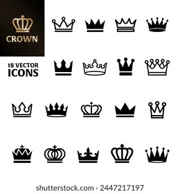 Crown icons. Crown icons set. Linear and silhouette style.