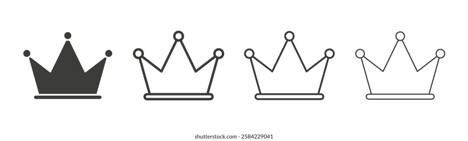 Crown icons set. Liner outlined and flat black color