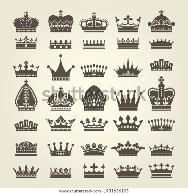 Crown icons set, monarchy authority\
and royal symbols, heraldic crowns collection,\
vector