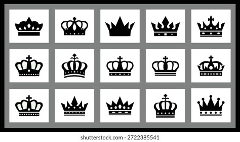 Ícones da coroa definidos com vários símbolos da coroa real, silhuetas sólidas simples adequadas para uso de marca, emblemas, emblemas e interface do usuário.