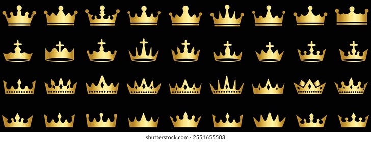 Crown icons set. Royals crown symbol silhouette. Set of black crown icons collection. Vector king and queen crowns black icon