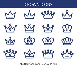 Crown Icons Set – Royalty, King, Queen, Luxury Vector Symbols.