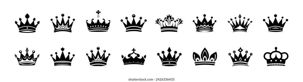 Crown icons set. Simple, black silhouettes of a royal crowns. Vector illustration isolated on white background. Ideal for logos, emblems, insignia. Can be used in branding, web design. 