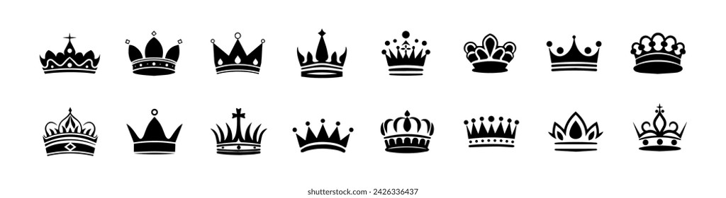 Crown icons set. Simple, black silhouettes of a royal crowns. Vector illustration isolated on white background. Ideal for logos, emblems, insignia. Can be used in branding, web design. 