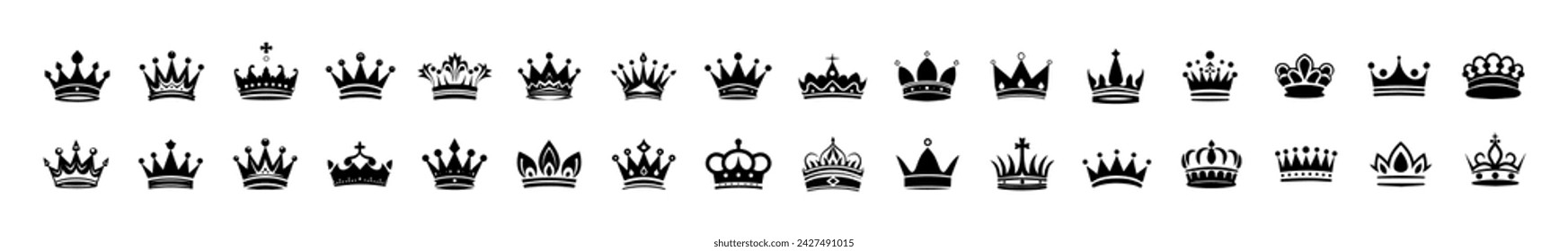 Crown icons set. Simple, black silhouettes of a royal crowns. Vector illustration isolated on white background. Ideal for logos, emblems, insignia. Can be used in branding, web design. 