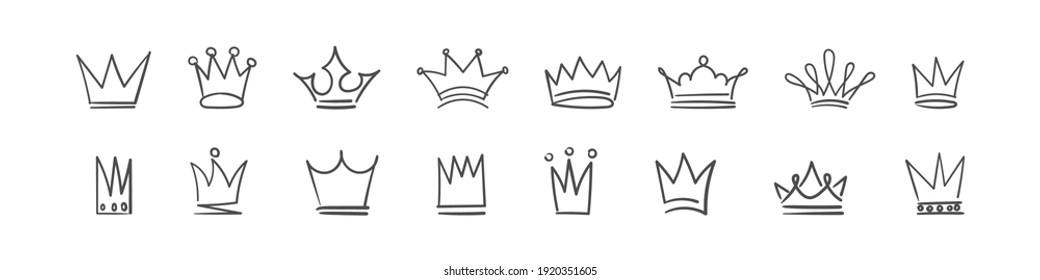 Crown icons set. Sketch crown. Doodle crown set, hand drawn icons. Vector illustration