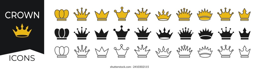 Crown icons set. Crown symbol collection. Line and flat style. Vector illustration.