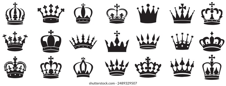 Conjunto de iconos de la corona. Corona símbolo colección. Regalías, Reyes, Reinas y Símbolos Heráldicos en la Ilustración vectorial