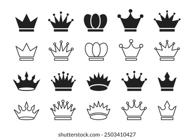 Kronensymbole eingestellt. Schlanke Linie und Silhouettenstil. Vektor.