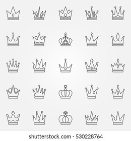 Crown icons set. Vector collection of creative king and queen crowns symbols or logo elements in thin line style