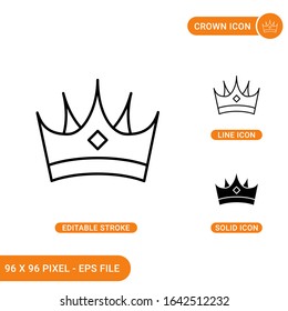 Crown icons set vector illustration with solid icon line style. Royal king crown concept. Editable stroke icon on isolated background for web design, infographic and UI mobile app.