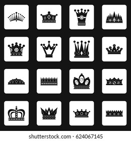 Crown icons set in white squares on black background simple style vector illustration