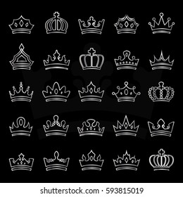 Crown Icons Set-Isolated On Black.Trendy Flat Style.Collection For Web Site,App And UI.Awards For Winners,Champions,Leadership.Elements For Label,Game, Hotel.Royal King, Queen,Princess Crown.Thin Line