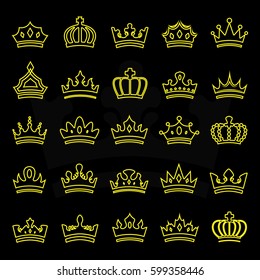 Crown Icons Set-Isolated On Black.Trendy Flat Style.Collection For Web Site,App And UI.Awards For Winners,Champions,Leadership.Elements For Label,Game, Hotel.Royal King, Queen,Princess Crown.Thin Line