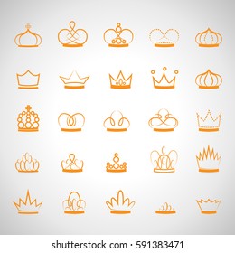 Crown Icons Set-Isolated On Gray.Trendy Flat Style.Collection For Web Site,App And UI.Awards For Winners,Champions,Leadership.Elements For Label,Game, Hotel.Royal King, Queen,Princess Crown.Thin Line