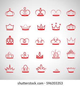 Crown Icons Set-Isolated On Gray.Trendy Flat Style.Collection For Web Site,App And UI.Awards For Winners,Champions,Leadership.Elements For Label,Game, Hotel.Royal King, Queen,Princess Crown.Thin Line