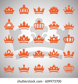 Crown Icons Set-Isolated On Gray.Trendy Flat Style.Collection For Web Site,App And UI.Awards For Winners,Champions,Leadership.Elements For Label,Game And Hotel.Royal King, Queen,Princess Crown