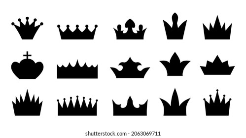 Iconos de la corona siluetas de estilo plano. Coronas para el anillo de príncipe o princesa y la reina aislada en el fondo blanco. Decoración para sitio web, precio, productos. Objeto para la tarjeta. Colección de elementos herálicos